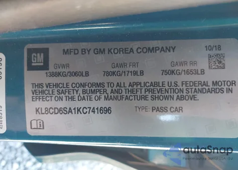 2019 Chevrolet Spark 1Lt Cvt from USA, damaged, VIN KL8CD6SA1KC741696